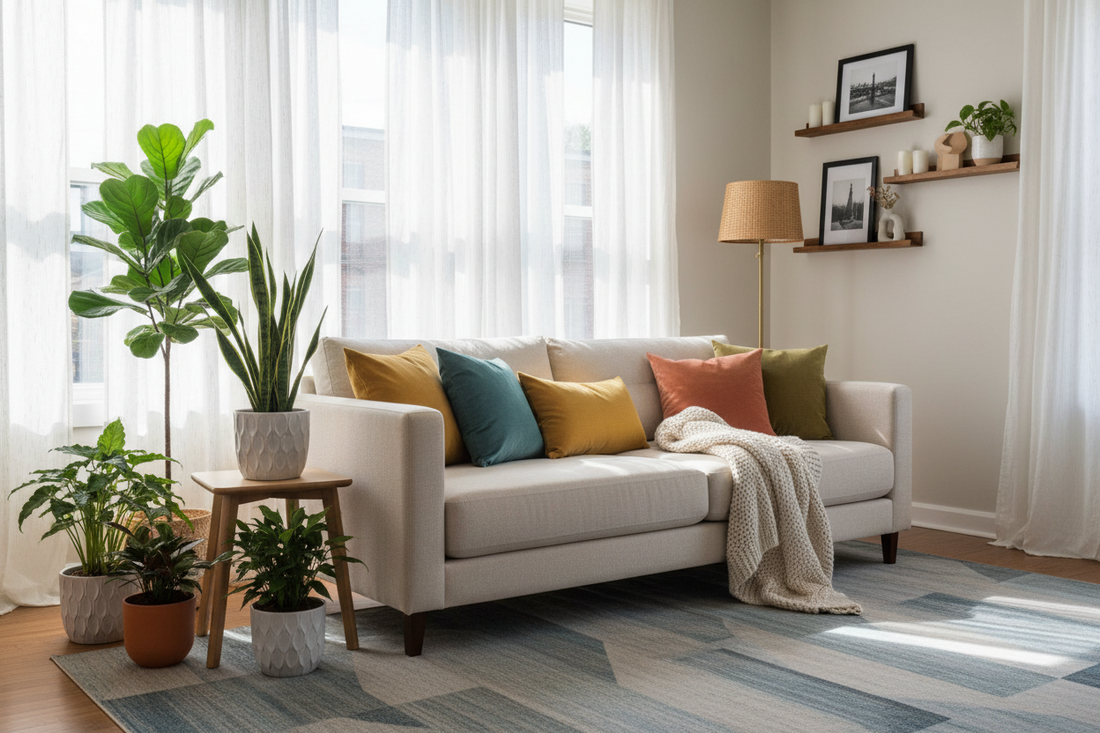 Bright modern living room with a light beige sofa, colorful throw pillows, indoor plants, sheer white curtains, and minimalist wall shelves with decor.