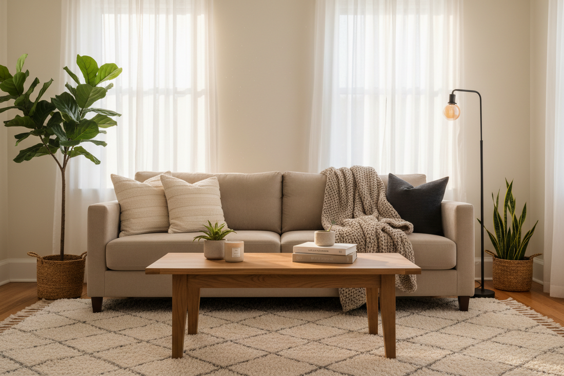 Cozy neutral living room with a beige sofa, soft throw blanket, wooden coffee table, indoor plants, and warm lighting near large bright windows.