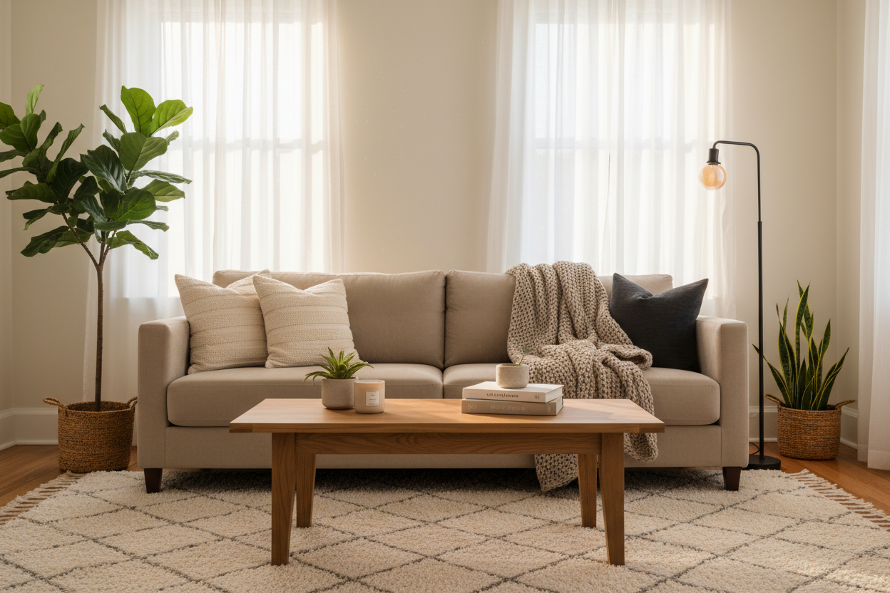 Cozy neutral living room with a beige sofa, soft throw blanket, wooden coffee table, indoor plants, and warm lighting near large bright windows.