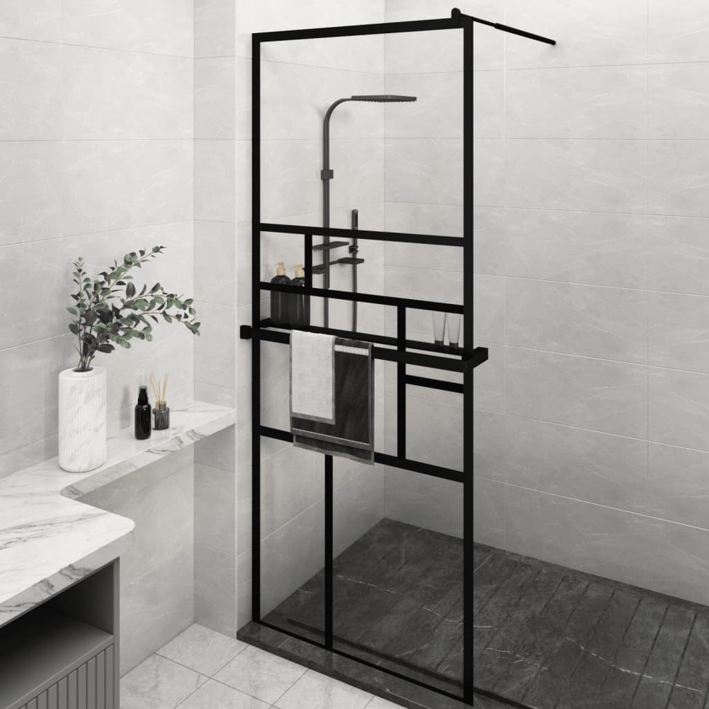 vidaXL Walk-In Shower Wall with Shelf Black 31.5x76.8 in ESG Glass Aluminum Frame Modern Bathroom Screen