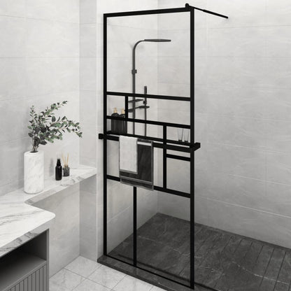 vidaXL Walk-In Shower Wall with Shelf Black 31.5x76.8 in ESG Glass Aluminum Frame Modern Bathroom Screen