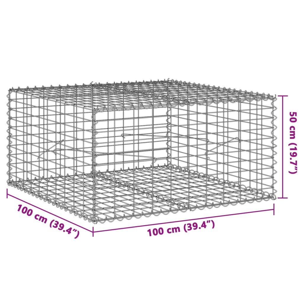 vidaXL Gabion Basket with Cover 39.4x19.7x39.4 in Galvanized Iron Outdoor Landscaping Stone Cage
