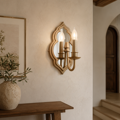 Arabesque Mirrored Candle Wall Sconce - Single-Light Patina Gold Fixture