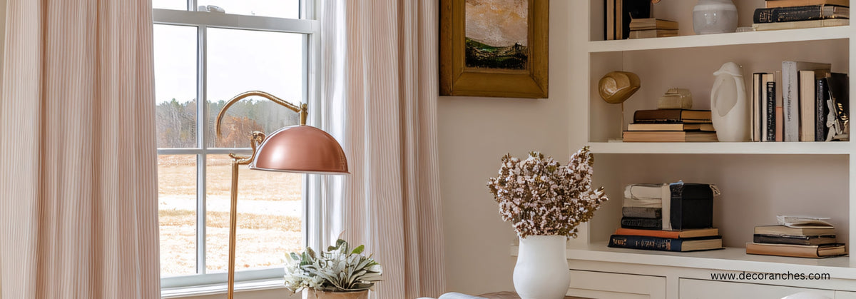Living room with a window, lamp, and decorative items on a shelf.
