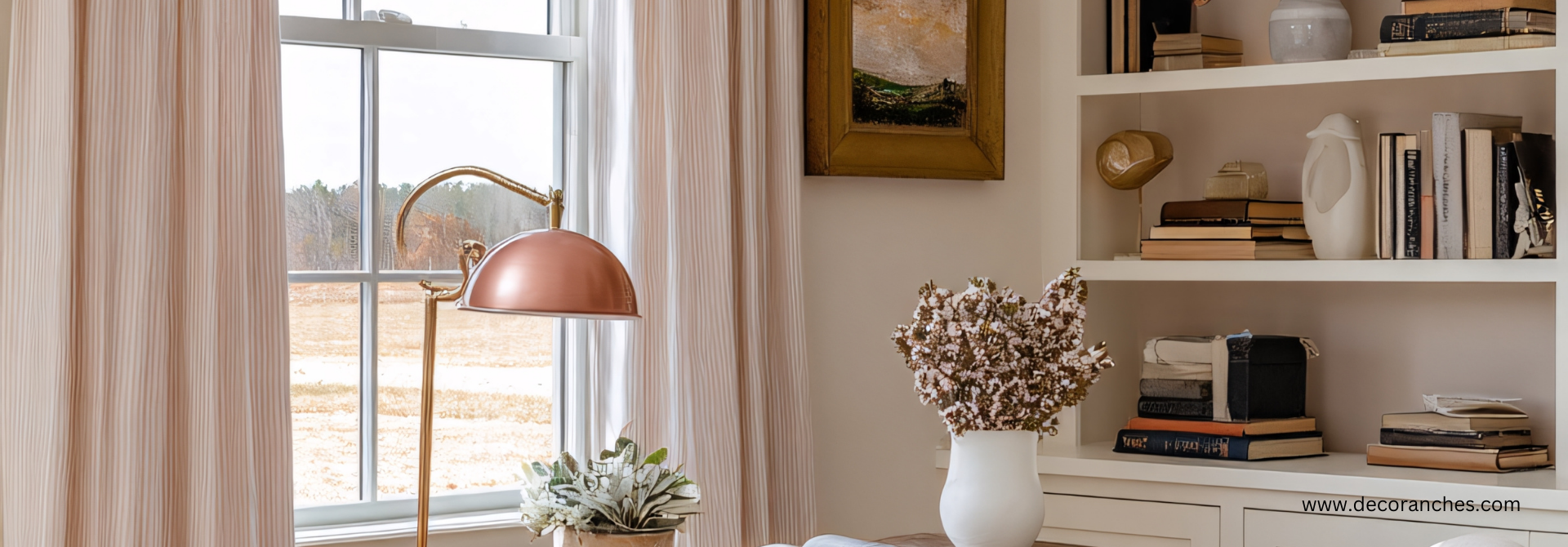 Living room with a window, lamp, and decorative items on a shelf.