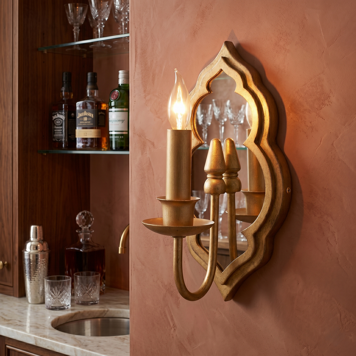 Arabesque Mirrored Candle Wall Sconce - Single-Light Patina Gold Fixture