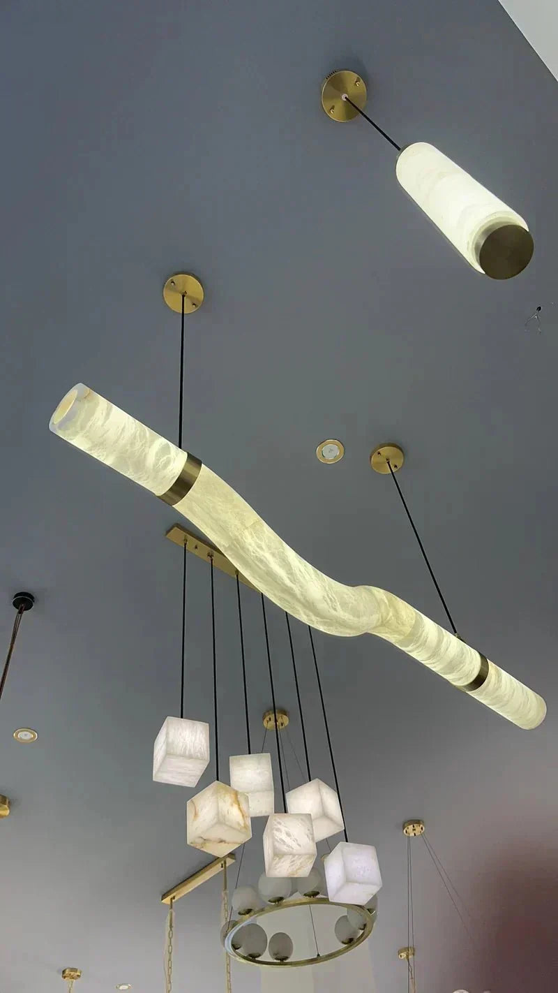 Liberty Curved Pendant Alabaster Chandelier, Pendant Light Over Dining Table - Style ABrassDeco Ranches