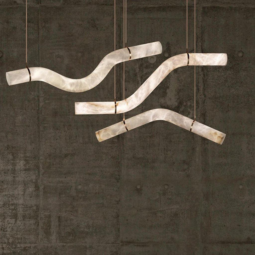Liberty Curved Pendant Alabaster Chandelier, Pendant Light Over Dining Table - Style ABrassDeco Ranches