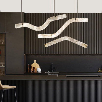 Liberty Curved Pendant Alabaster Chandelier, Pendant Light Over Dining Table - Style ABrassDeco Ranches
