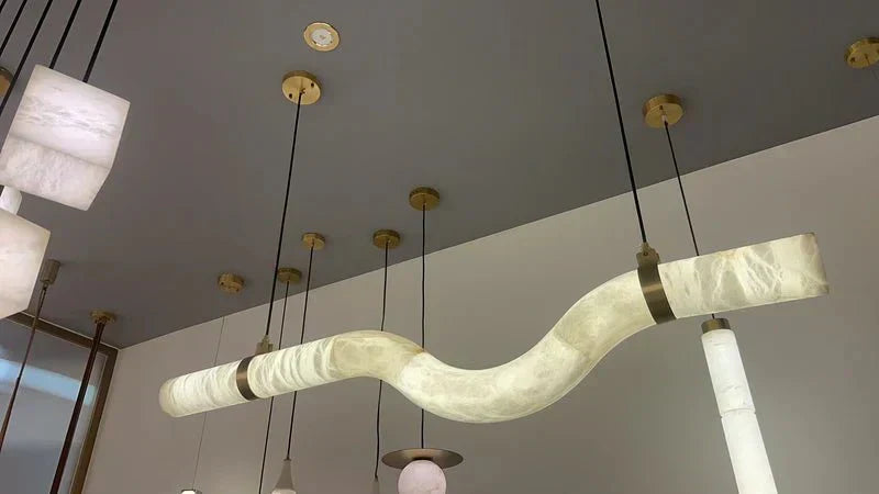 Liberty Curved Pendant Alabaster Chandelier, Pendant Light Over Dining Table - Style ABrassDeco Ranches