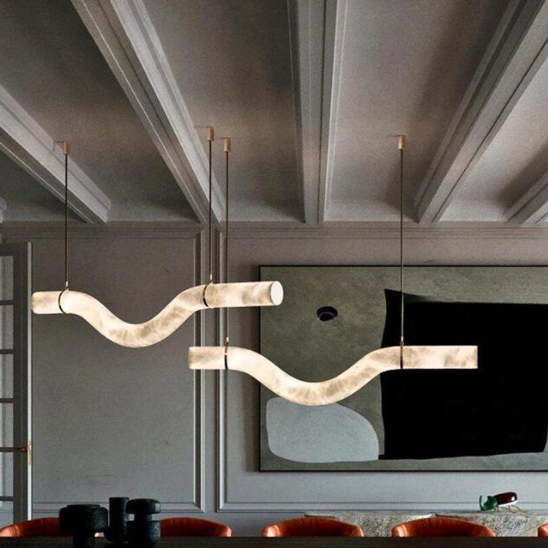 Liberty Curved Pendant Alabaster Chandelier, Pendant Light Over Dining Table - Style ABrassDeco Ranches