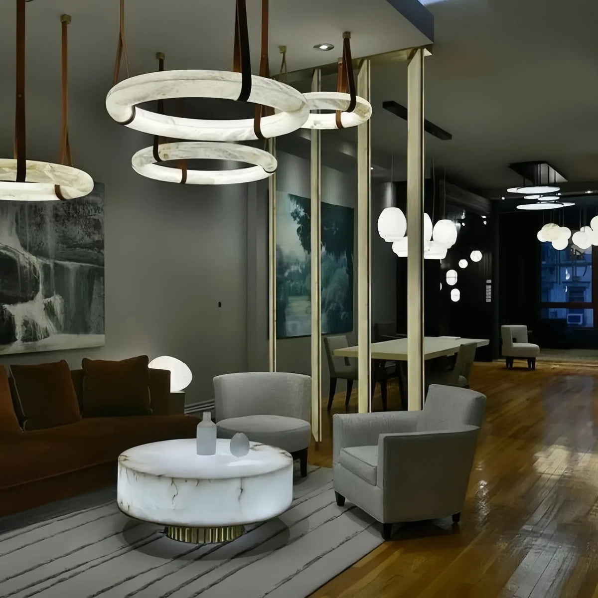 Oslo L1P Pendant Alabaster Chandelier, Halo Ring Chandelier With canopy Over Dining Table-Chandelier-Deco Ranches