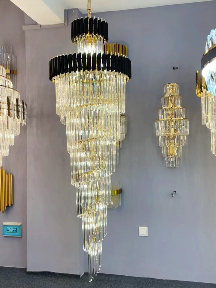 Spiral Crystal Chandelier For Foyer/ Staircase-Chandeliers-Deco Ranches-D31.5"*H118"/35 Lights/39 kg-Black-Warm Light-Deco Ranches