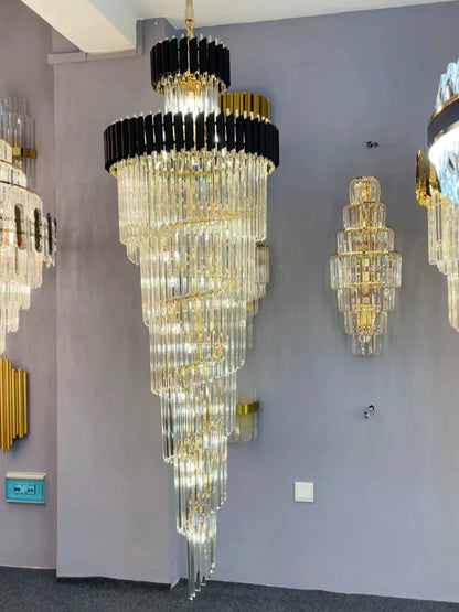 Spiral Crystal Chandelier For Foyer/ Staircase-Chandeliers-Deco Ranches-D31.5"*H118"/35 Lights/39 kg-Black-Warm Light-Deco Ranches