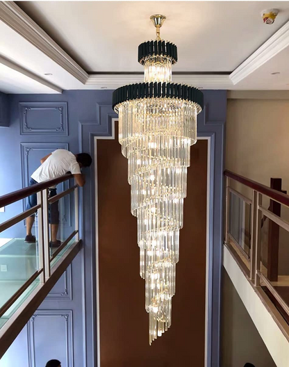 Spiral Crystal Chandelier For Foyer/ Staircase-Chandeliers-Deco Ranches-D47.2 "*H196"/58 Lights/150 kg-Black-Warm Light-Deco Ranches