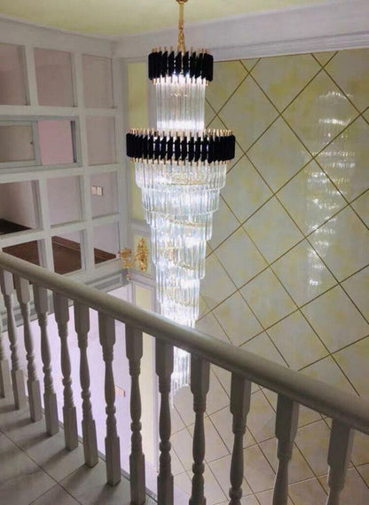 Spiral Crystal Chandelier For Foyer/ Staircase-Chandeliers-Deco Ranches-D17.7"*H59.1"/12 Lights/16 kg-Black-White Light-Deco Ranches