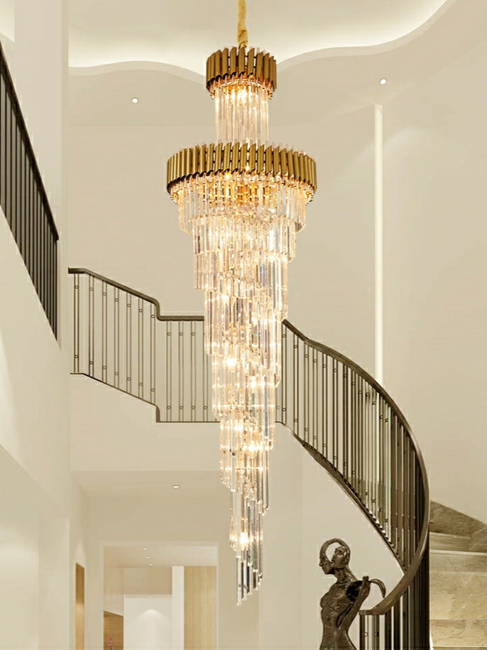 Spiral Crystal Chandelier For Foyer/ Staircase-Chandeliers-Deco Ranches-D31.5"*H98.4"/29 Lights/35 kg-Gold-Warm Light-Deco Ranches