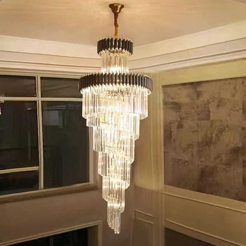 Spiral Crystal Chandelier For Foyer/ Staircase-Chandeliers-Deco Ranches-D17.7"*H59.1"/12 Lights/16 kg-Black-Warm Light-Deco Ranches