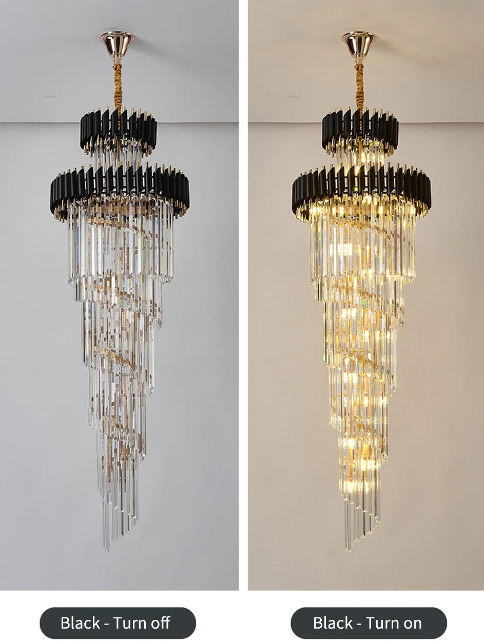 Spiral Crystal Chandelier For Foyer/ Staircase-Chandeliers-Deco Ranches-D17.7"*H59.1"/12 Lights/16 kg-Black-Dimmable Warm Light-Deco Ranches