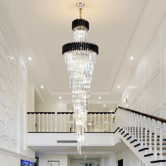 Spiral Crystal Chandelier For Foyer/ Staircase-Chandeliers-Deco Ranches-D17.7"*H59.1"/12 Lights/16 kg-Black-Dimmable White Light-Deco Ranches