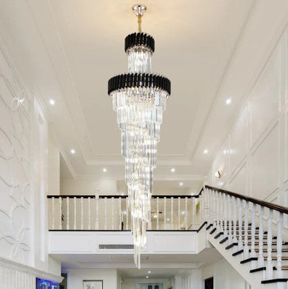 Spiral Crystal Chandelier For Foyer/ Staircase-Chandeliers-Deco Ranches-D17.7"*H59.1"/12 Lights/16 kg-Black-Dimmable White Light-Deco Ranches