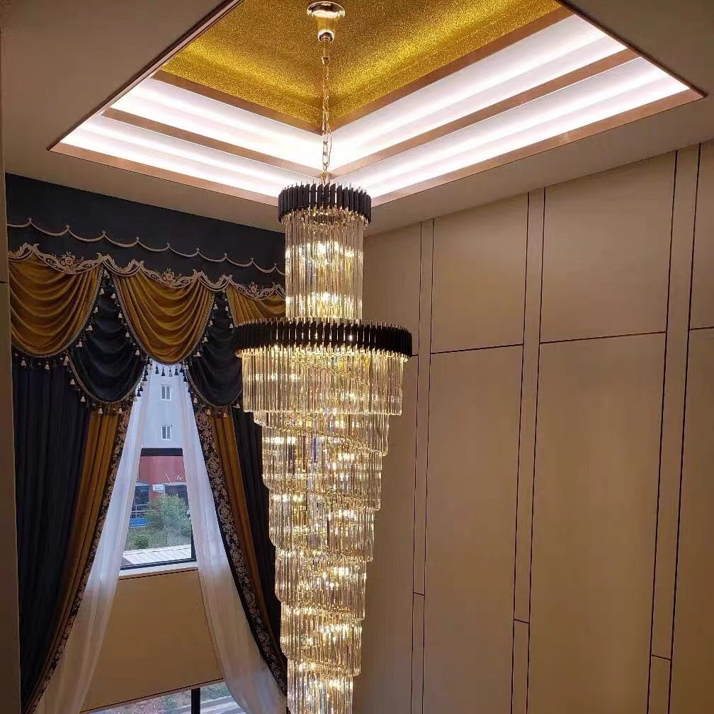 Spiral Crystal Chandelier For Foyer/ Staircase-Chandeliers-Deco Ranches-D39.4"*H118"/35 Lights/58 kg-Black-Warm Light-Deco Ranches